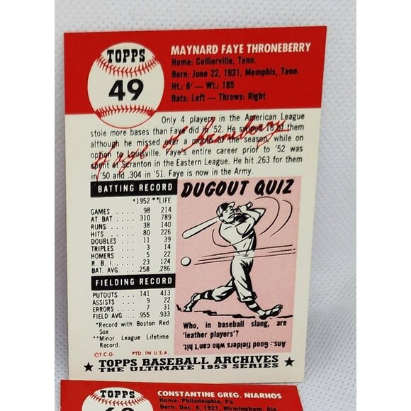 Boston Red Sox 1953 Topps Vintage Reprint Baseball Cards 4 Card Bundle Mint - Picture 10 of 10
